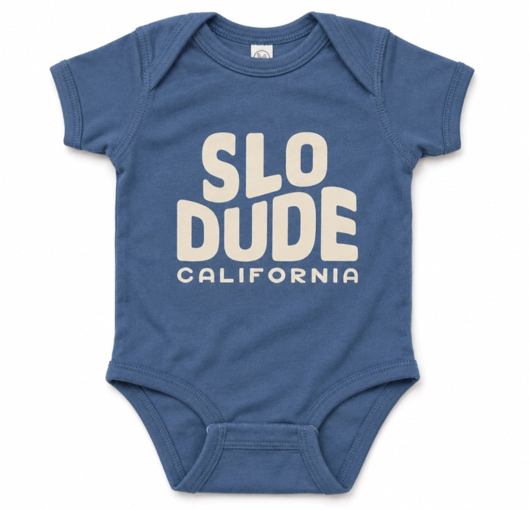 Blue baby onesie with short sleeves and SLO DUDE CALIFORNIA graphic