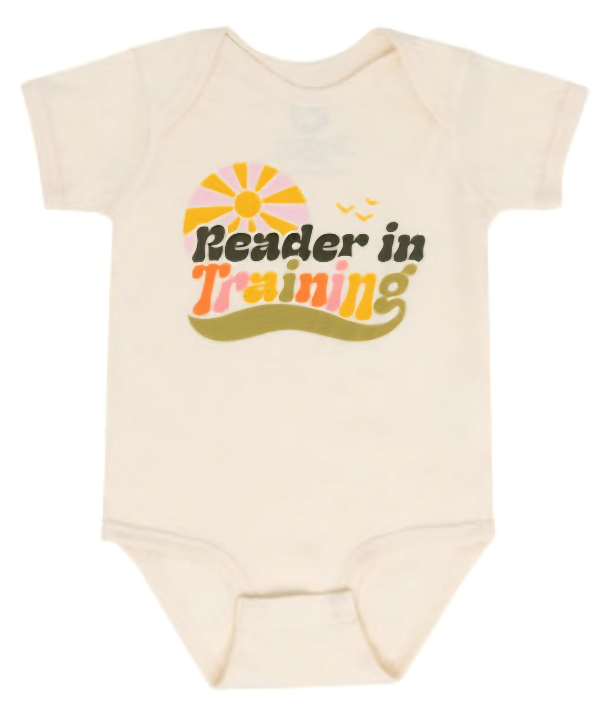 Natural baby onesie with 'Reader in Training' front graphic