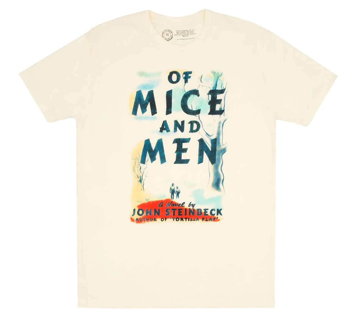 Cream crewneck T-shirt with blue and green 'Of Mice and Men' front graphic
