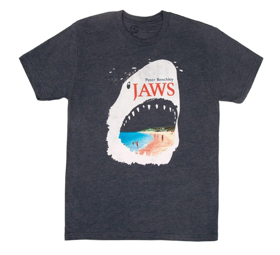 Navy blue graphic T-shirt with 'Jaws' shark mouth print