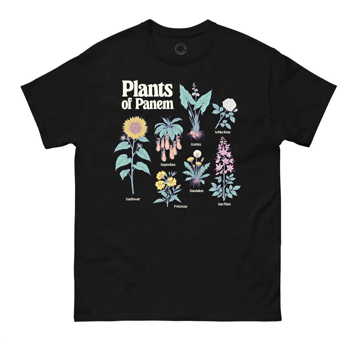 Black graphic T-shirt with Plants of Panem plant print, short sleeves