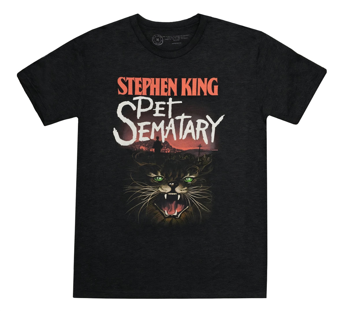 Black graphic T-shirt with Stephen King and Pet Sematary cat face front
