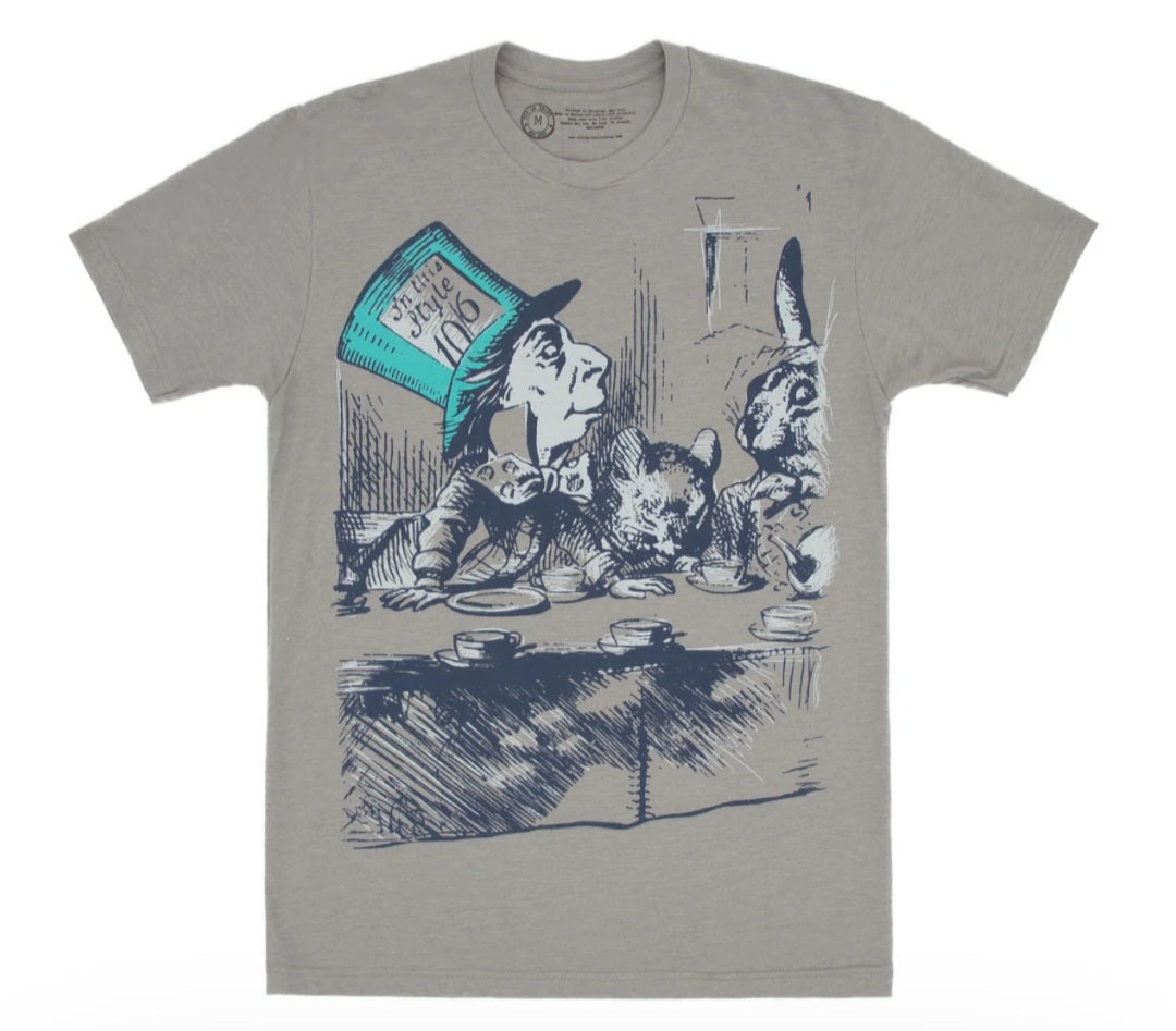 Heather gray short-sleeve graphic T-shirt with blue line-art wonderland scene