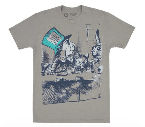 Heather gray short-sleeve graphic T-shirt with blue line-art wonderland scene