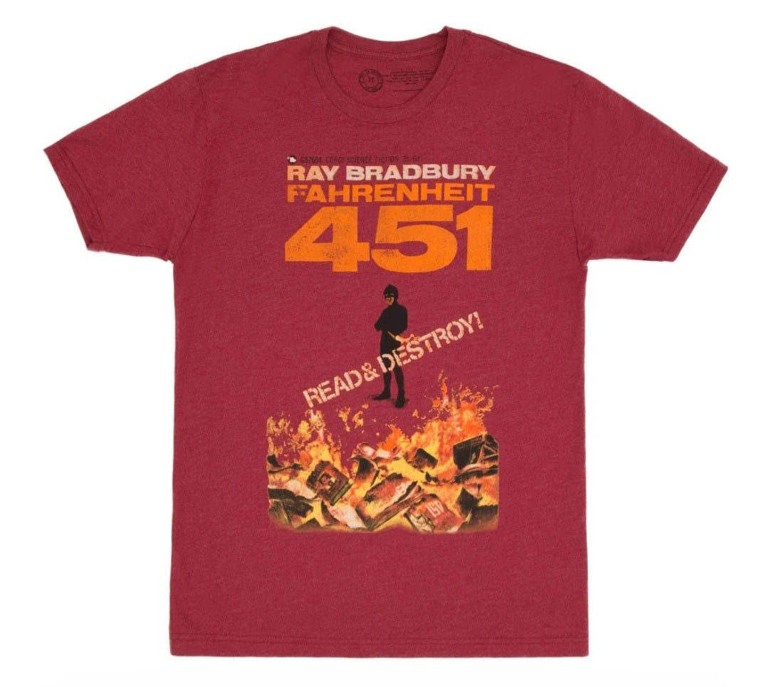 Maroon T-shirt with front graphic: Fahrenheit 451, Ray Bradbury, Read & Destroy