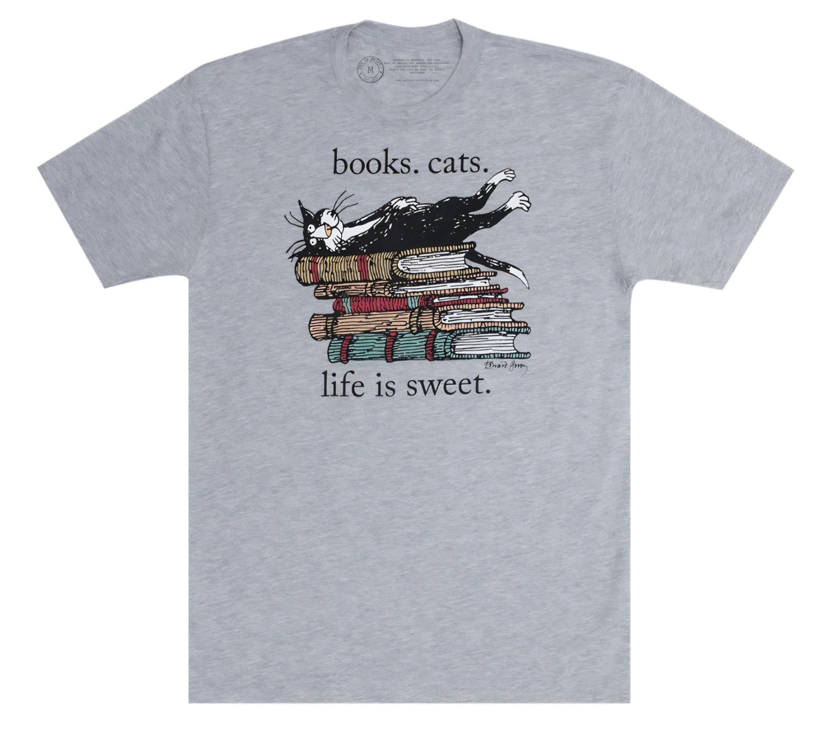 Grey crewneck T-shirt with books and cat graphic, text: books. cats. life is sweet.