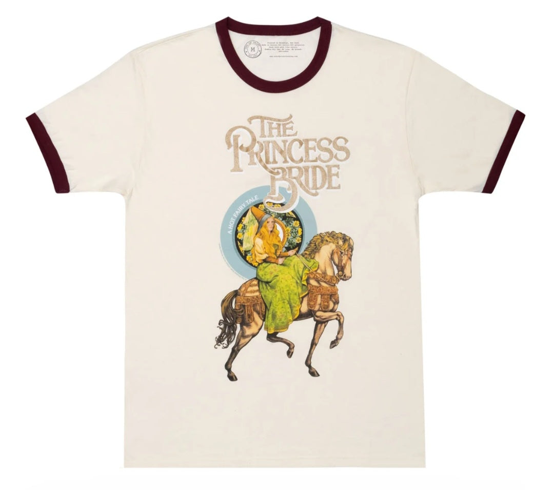 Cream ringer T-shirt with burgundy trim and The Princess Bride graphic front