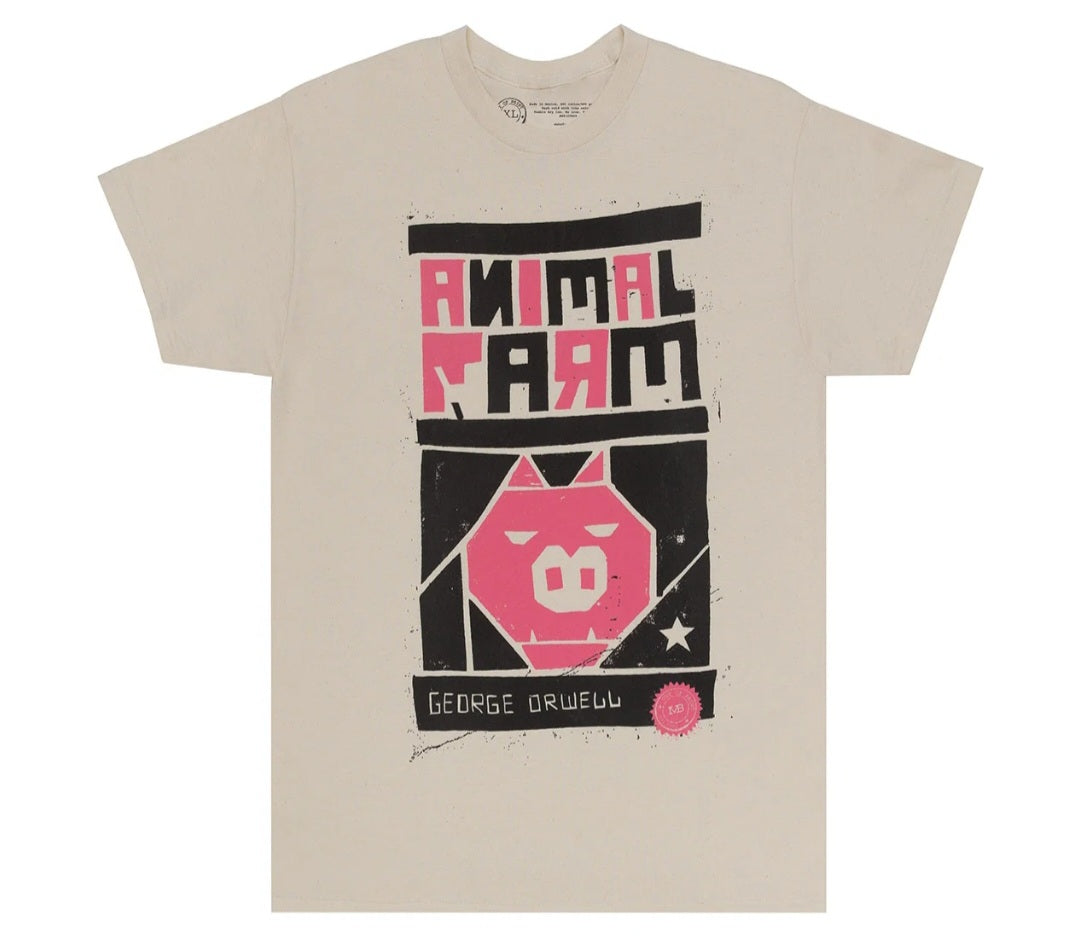Beige T-shirt with pink and black pig graphic and “George Orwell” text