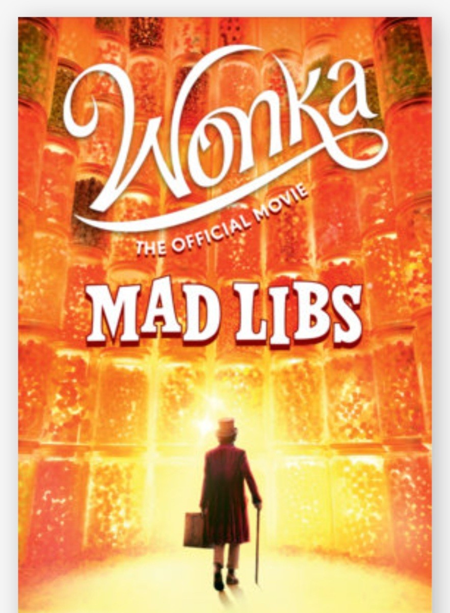 Wonka The Official Movie Mad Libs book cover with orange glow and bold title text