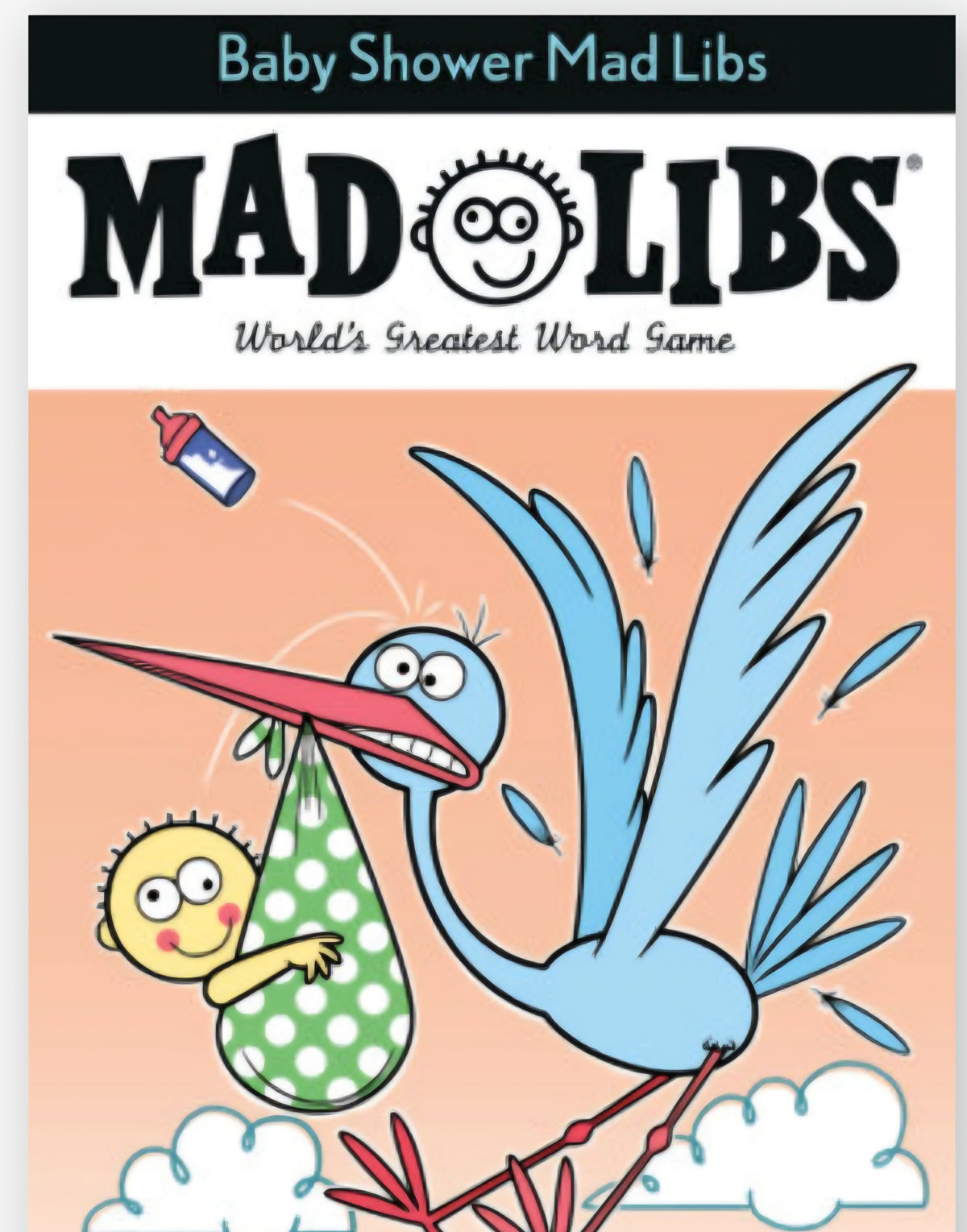 Baby shower Mad Libs game book cover with cartoon characters and blue lettering