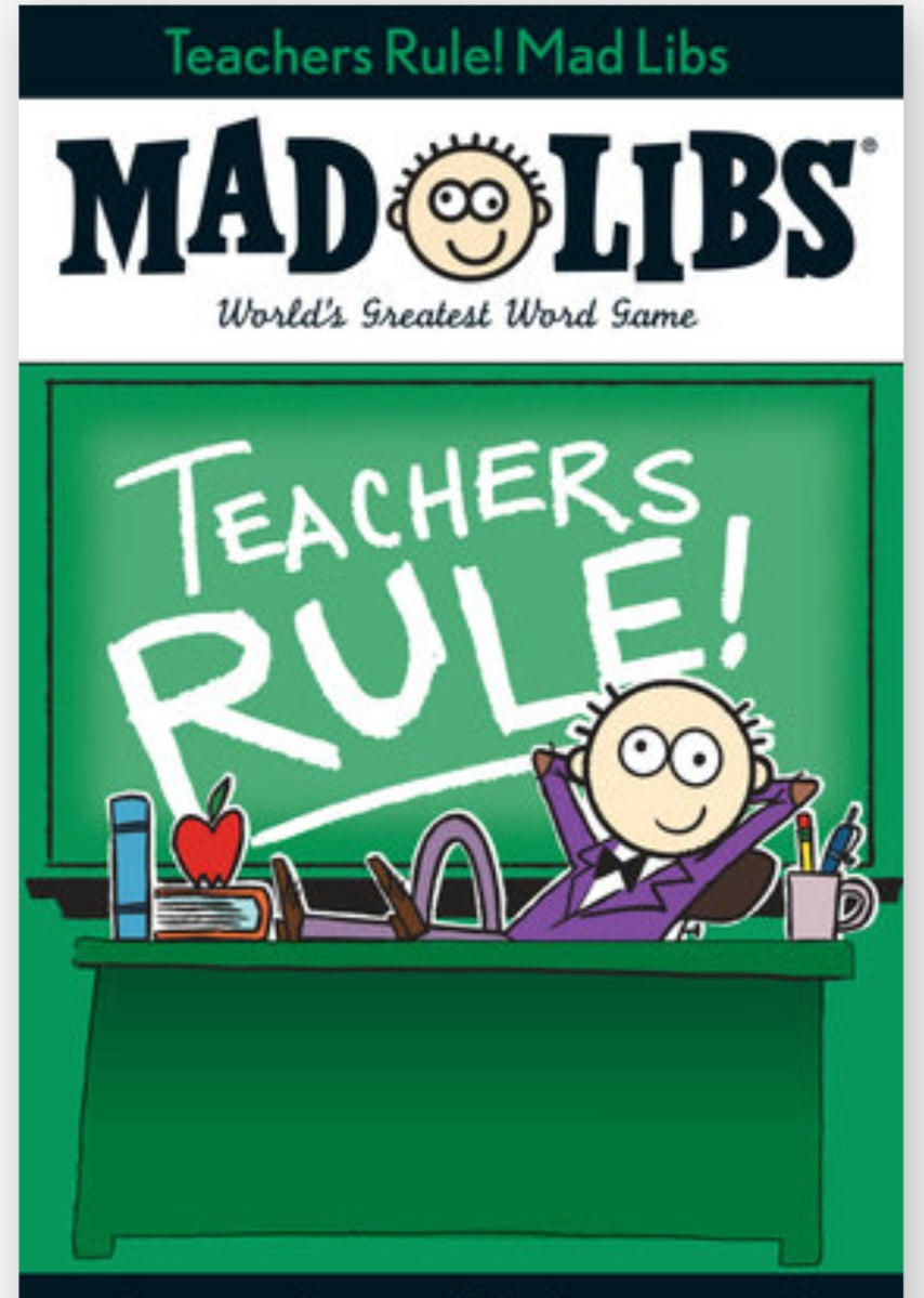 Teachers Rule Mad Libs word game book cover with chalkboard and cartoon teacher