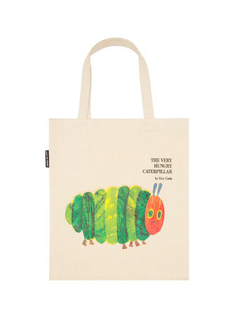 Cream canvas tote bag with green caterpillar graphic and carry handles
